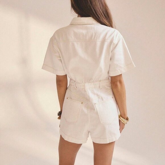 Beige Casual Women's Denim Romper With Gold Details - Picture 2 of 8